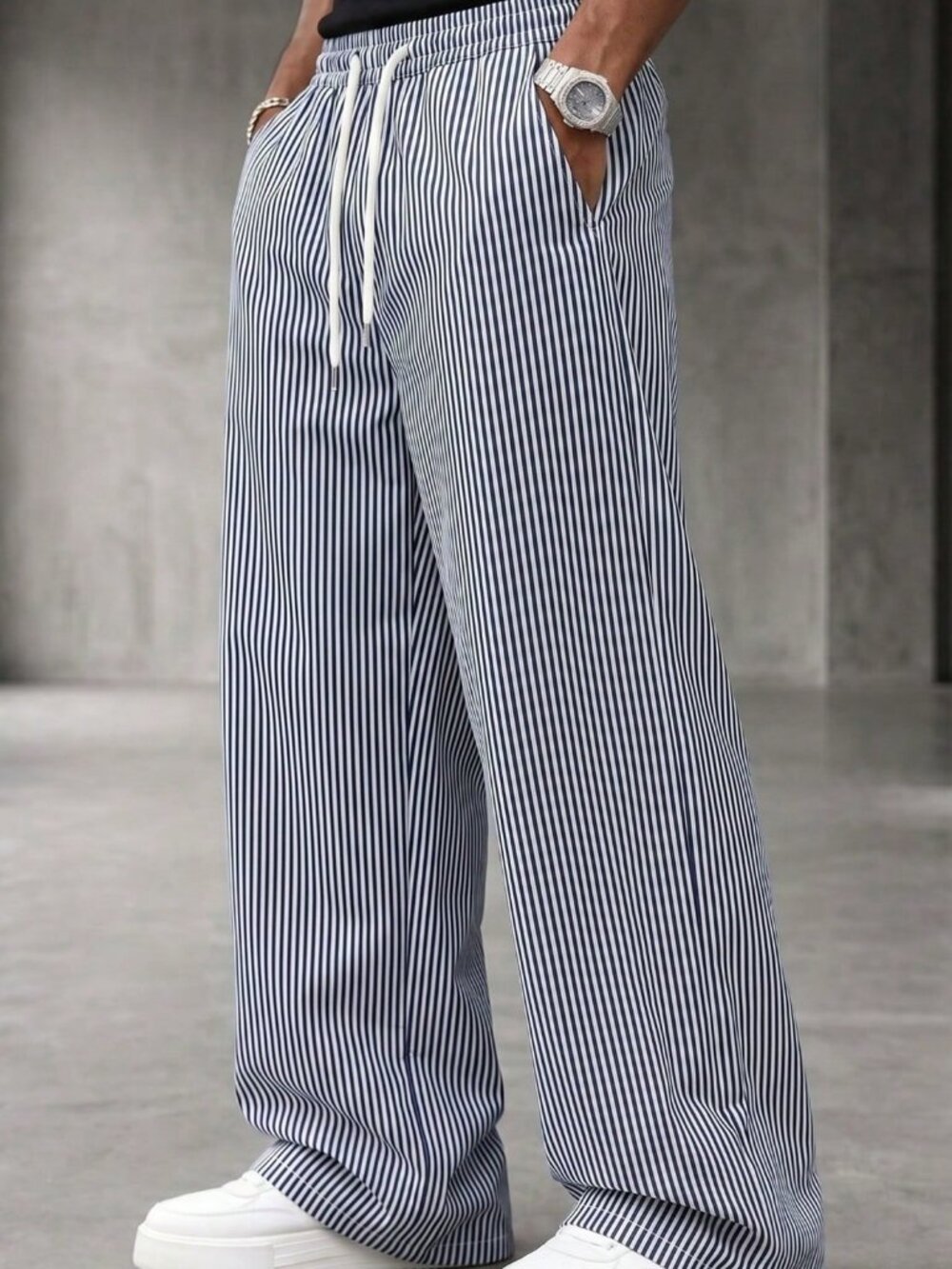 Blue Striped Men's Loose Drawstring Elastic Waist Casual Pants